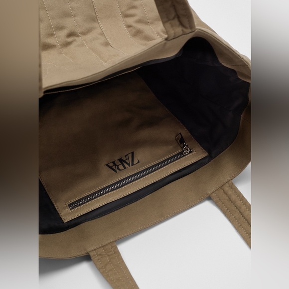 NWT. Zara Tan Quilted Shopper Tote Bag. - Picture 5 of 12